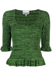 GANNI speckle ribbed-knit ruffled top - Verde