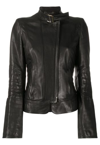 band collar leather jacket