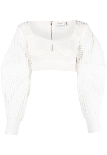 Hervé Léger puff-sleeve pleated cropped blouse - Bianco