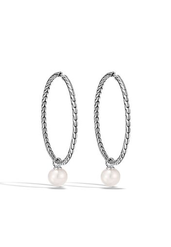 John Hardy WOMEN's Classic Chain Silver Hoop Earrings with Full Closure with 9.5-10mm Fresh Water Pearl (Dia 41mm) - Argento