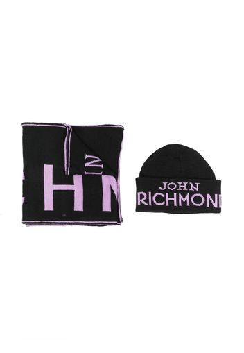 John Richmond Junior intarsia knit-logo beanie set - Nero