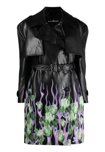 John Richmond floral-print faux-leather double-breasted coat - Nero