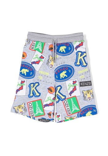 Kenzo Kids sticker-print side-stripe shorts - Grigio