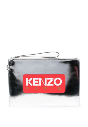 Kenzo Iconic logo-print metallic-leather clutch bag - Argento