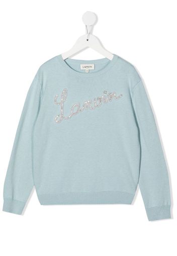 LANVIN Enfant rhinestone-logo crew-neck jumper - Blu