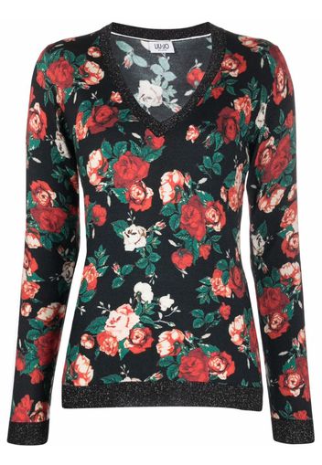 LIU JO floral-print V-neck jumper - Nero