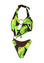 Louisa Ballou leaf-print halterneck swimsuit - Verde