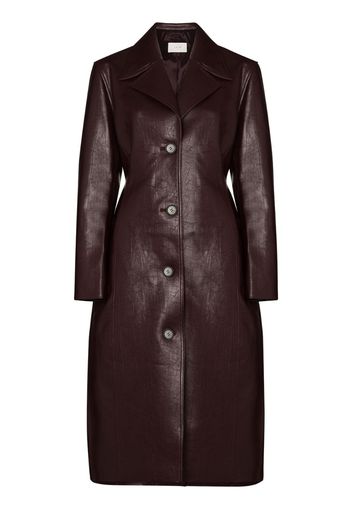 single-breasted faux leather trench coat