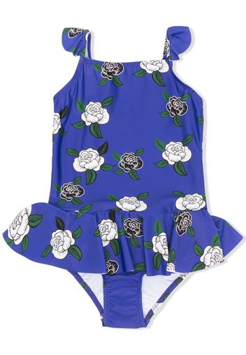 Mini Rodini rose-print ruffled swimsuit - Blu