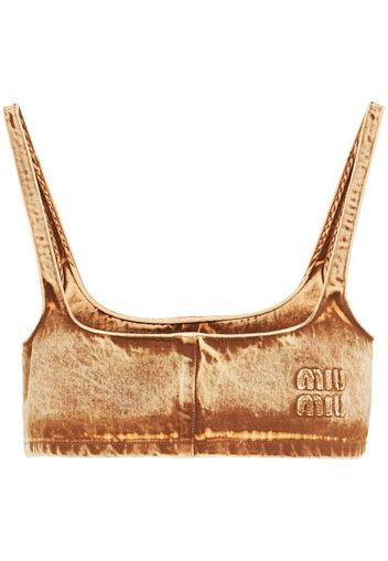 Miu Miu logo-embroidered denim crop top - F0046 COGNAC