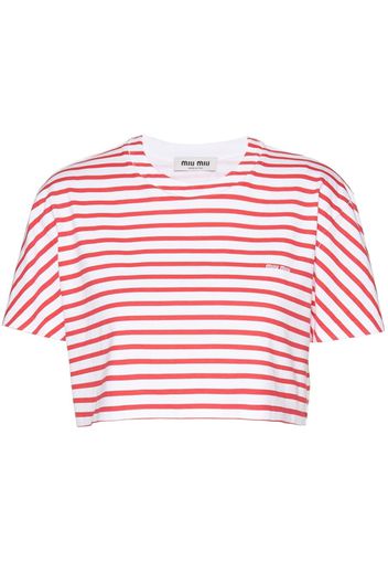 Miu Miu logo-print striped cropped T-shirt - Bianco