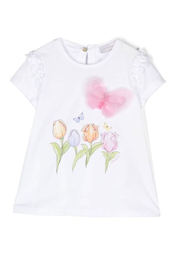 Monnalisa T-shirt a fiori con applicazione in tulle - Bianco