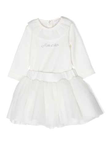 Monnalisa rhinestone-logo ruffled dress - Bianco