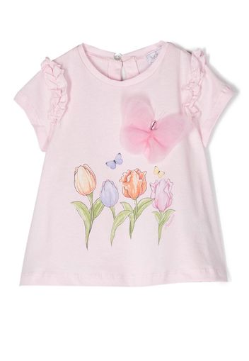 Monnalisa floral-print butterfly-appliqué T-shirt - Rosa