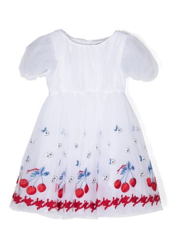 Monnalisa cherry-embroidery tulle-overlay dress - Bianco