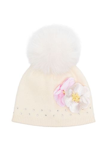 Monnalisa flower-detail knit hat - Bianco