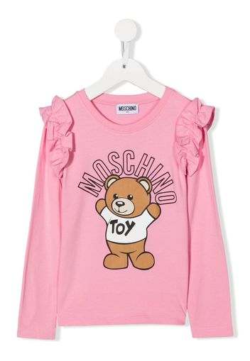 Moschino Kids Teddy-print ruffled T-shirt - Rosa