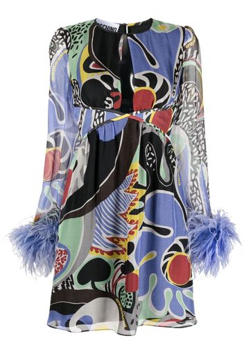 Moschino feather-trim psychedelic print dress - Nero