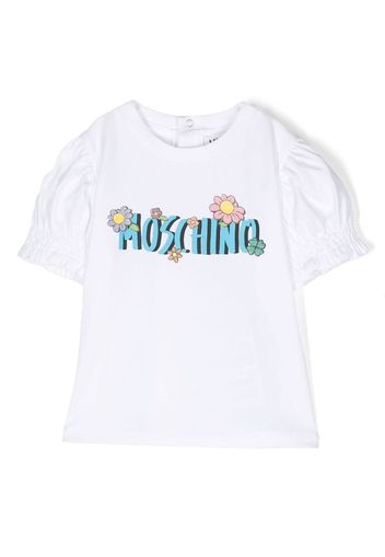 Moschino Kids puff-sleeves floral-print T-shirt - Bianco