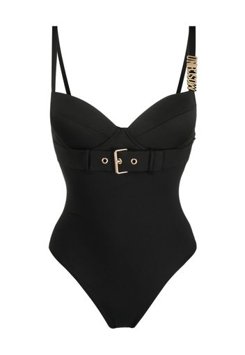 Moschino logo-plaque belted swimsuit - Nero