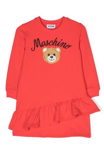 Moschino Kids logo-embroidered ruffled A-line dress - Rosso