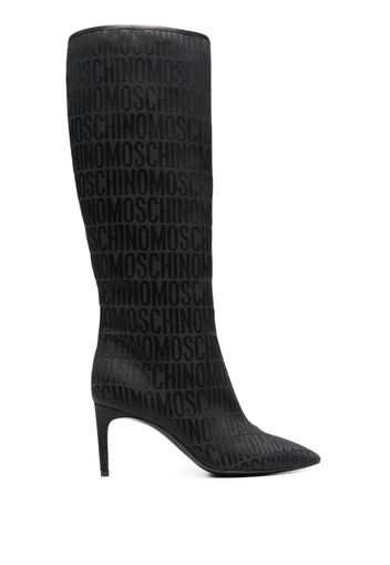 Moschino logo-jacquard 75mm satin knee-boots - Nero