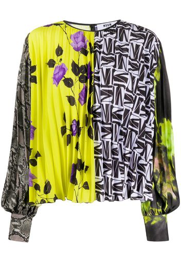 pleated multi-print blouse