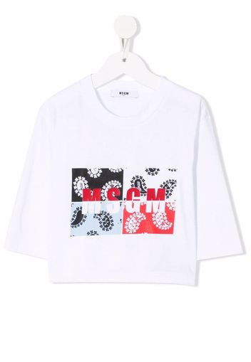 MSGM Kids patchwork logo-print 3/4-sleeve T-shirt - Bianco