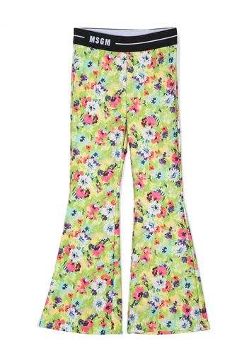 MSGM Kids floral logo-waistband flared leggings - Verde