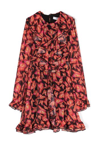 MSGM Kids butterfly-print ruffled organza dress - Rosso