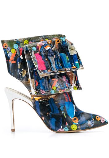 Printed Pocketed Ankle High Heel Boots Emoji Line