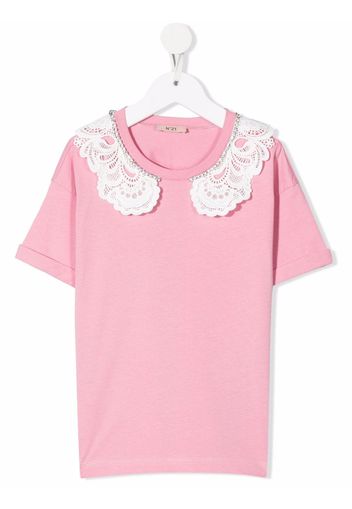 Nº21 Kids crystal-embellished lace-trim T-shirt - Rosa