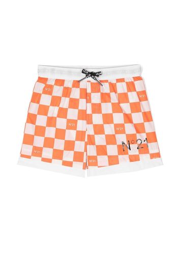 Nº21 Kids checked logo-print swim shorts - Arancione