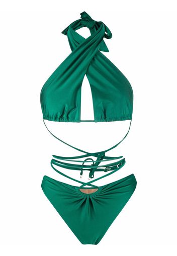 Noire Swimwear lattice-strap halterneck swimsuit - Verde