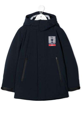 hooded logo patch raincoat