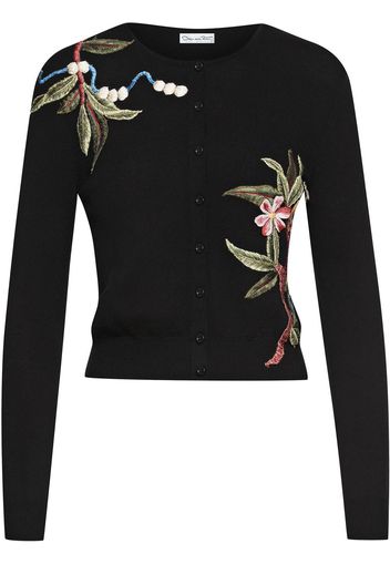 OSCAR DE LA RENTA floral-embroidered virgin wool cardigan - Nero