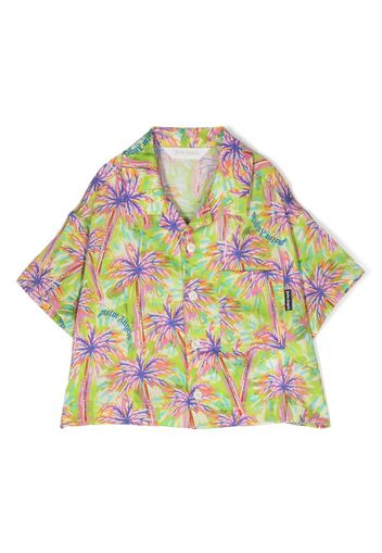 Palm Angels Kids palm tree-print short-sleeve bowling shirt - Verde