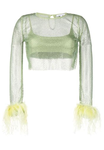 Patrizia Pepe feather-trim rhinestone-mesh top - Verde