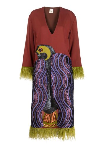 PAULA embroidered-motif feather-detail midi dress - Rosso