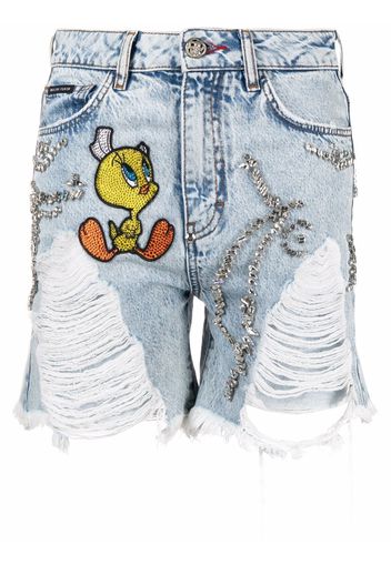 Philipp Plein Shorts denim Looney Tunes con decorazione - Blu