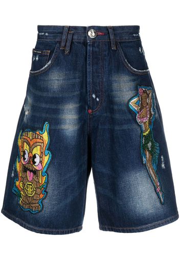 Philipp Plein Shorts denim sportivi con applicazione - Blu