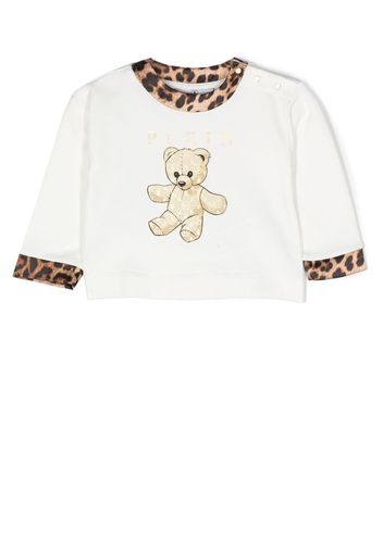 Philipp Plein Junior Teddy Bear-print leopard-trim top - Bianco