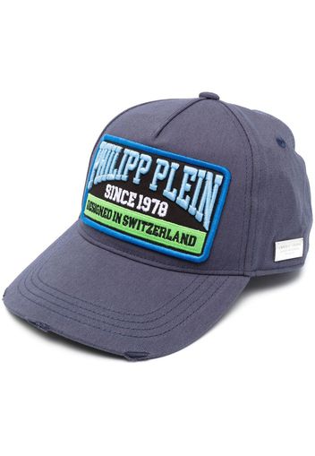 Philipp Plein logo-patch distressed cotton baseball cap - Blu