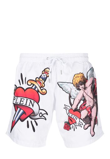 Philipp Plein graffiti-print drawstring-waist swim shorts - Bianco