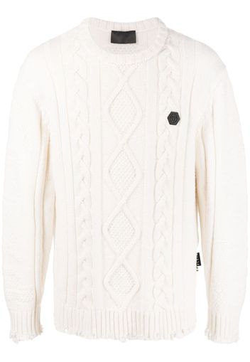 Philipp Plein cable-knit distressed-finish jumper - Bianco