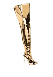 metallic thigh-high skull stiletto boots