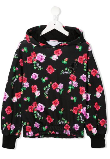Pinko Kids floral-print logo-embroidered hoodie - Nero