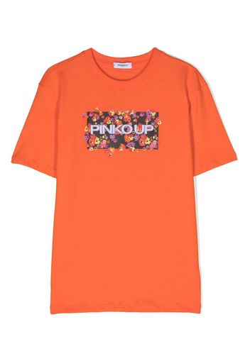 Pinko Kids embroidered-logo cotton T-shirt - Arancione