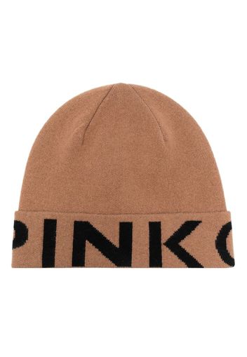 PINKO logo-print ribbed beanie - Marrone