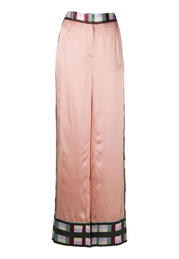 wide leg check print silk trousers